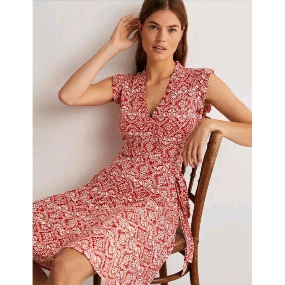 Boden Women's Ruffle Fixed Wrap Jersey Dress Red Size US 12L Long